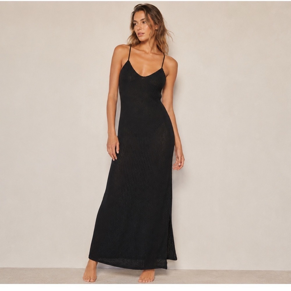 Peixoto Arya Dress Black Knit Crochet Maxi Side Slit Lace Up Back Small NEW